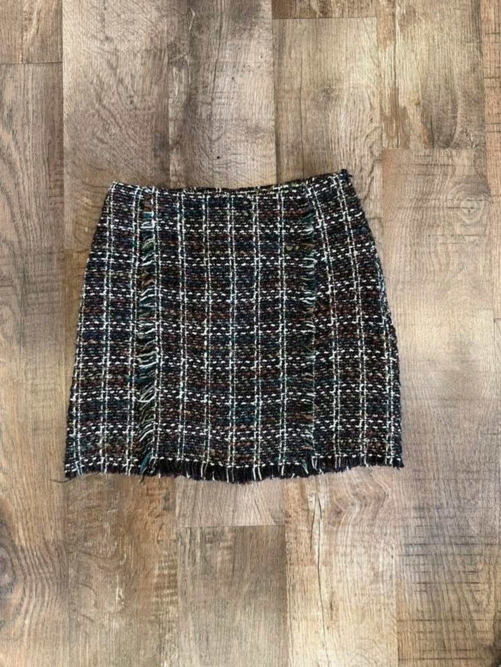 HYFVE Black Tweed Fringe Mini Skirt with Multicolor Threading